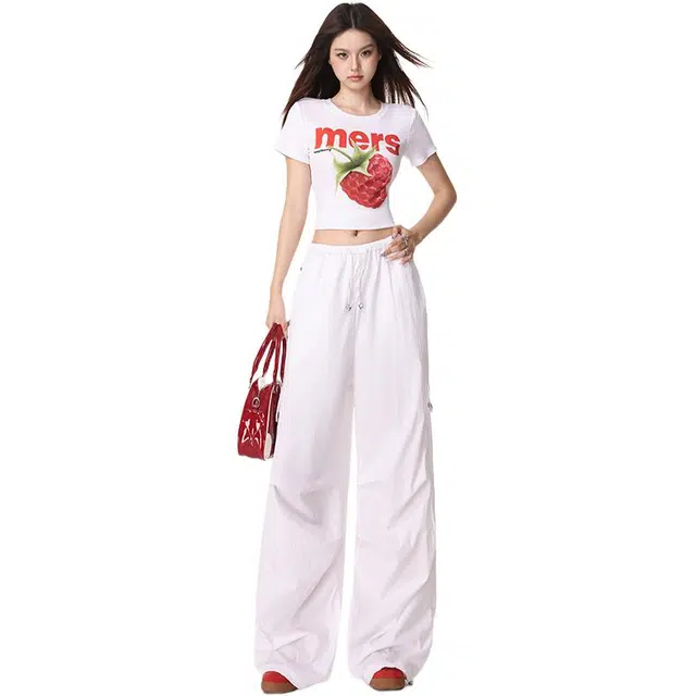 玫丝朵 美式复古纯色褶皱设计时尚简约百搭宽松直筒阔腿拖地工装裤 女款