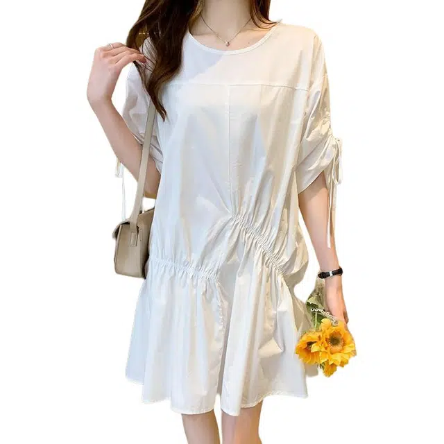 木清清 不规则通勤简约韩版抽褶裙子短袖连衣裙 女款