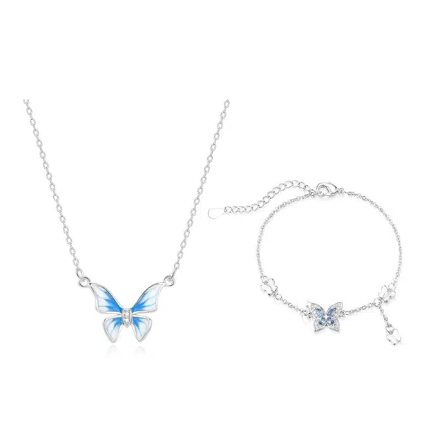 前方大荒野 冷淡风森系小清新轻奢气质高级感甜美可爱小众设计翩翩起舞锁骨链 超闪绝美渐变星空蓝流苏套装 合金 项链 女款