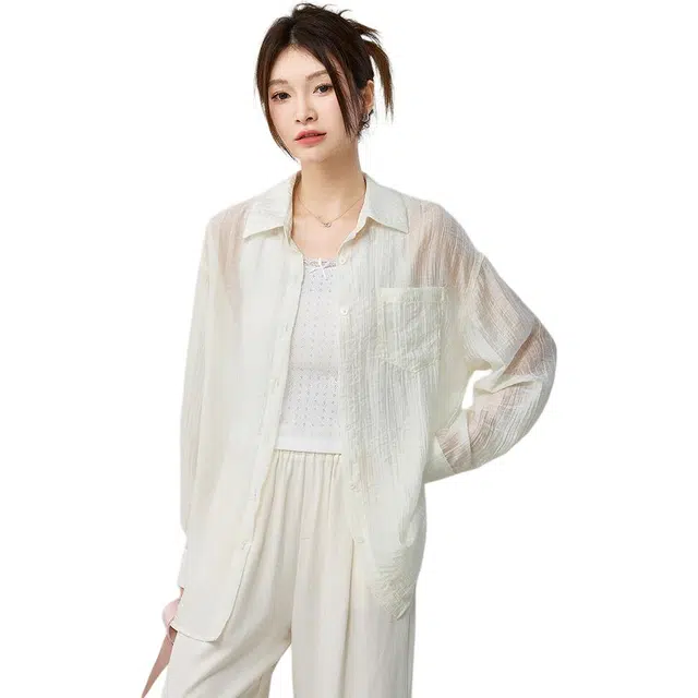 米子旗 天丝薄款开衫纯色长袖翻领休闲衬衫 女款
