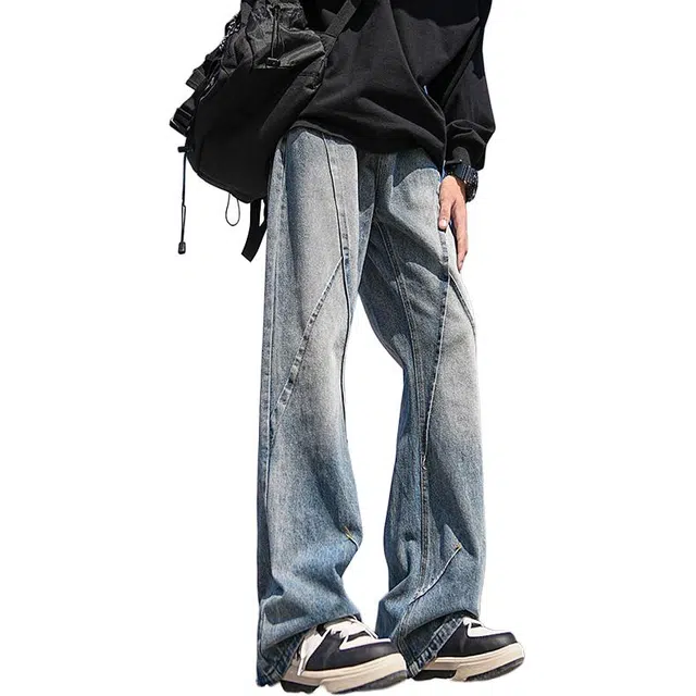 顶峰保罗 美式高街休闲直筒长裤微喇拼接水洗高级设计感牛仔裤 男女同款