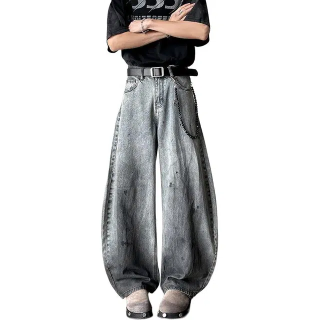 宝米卡 美式复古泼墨水洗渐变宽松阔腿嘻哈休闲牛仔裤 男女同款 蓝灰色