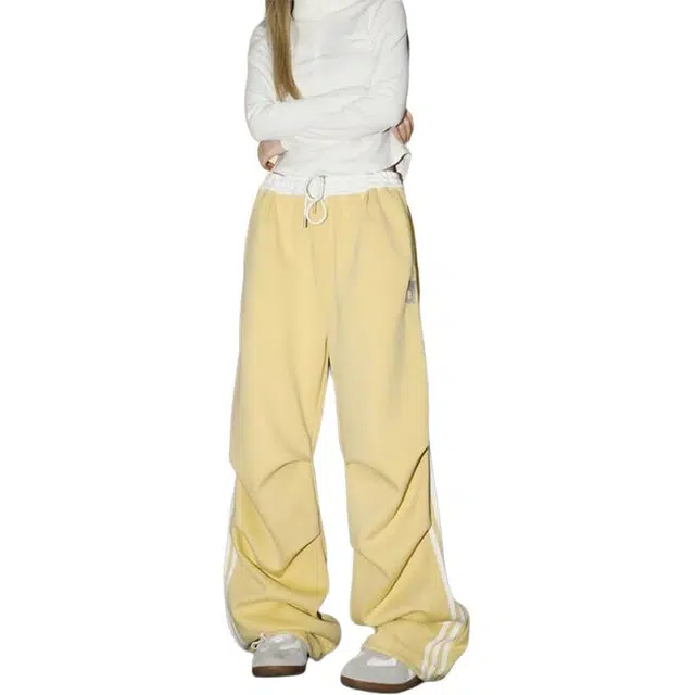 单爵 复古撞色条纹薄款多巴胺褶皱阔腿伞兵裤宽松直筒拖地裤夏季休闲裤 男女同款