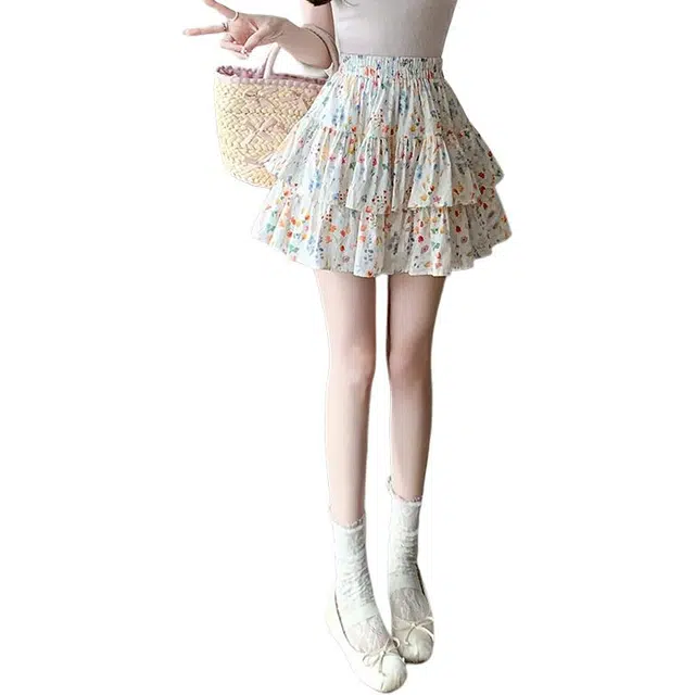 水中花 高腰显瘦褶皱印花百搭碎花叠宽松甜美垂感舒适休闲短裙 女款