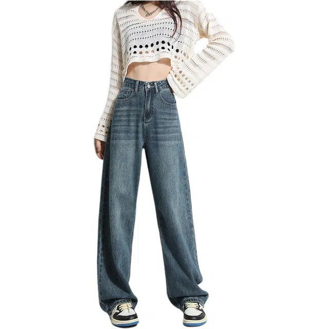 黛尔佳人 阔腿女春季宽松高腰垂感百搭拖地裤显瘦直筒长裤子牛仔裤 女款