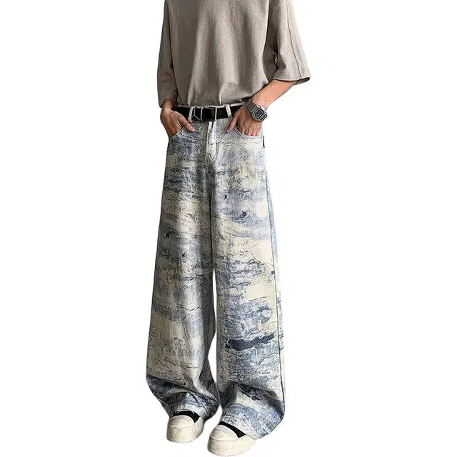 沃马 美式高街设计感废土风牛仔裤 男女同款 白蓝