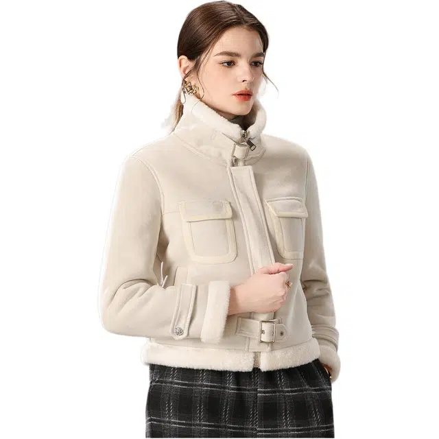 粉红玛琍 时尚短款翻领保暖通勤百搭截短外套 女款 米白