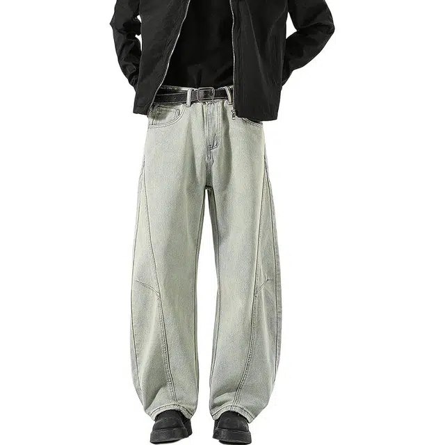 宝米卡 美式高街弯刀水洗磨白阔腿裤春夏宽松百搭长裤子牛仔裤 男女同款