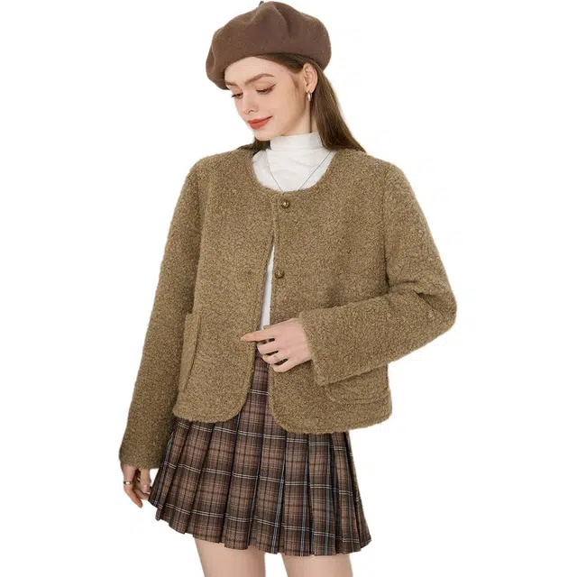 法文箱子 短款圆领宽松绒感外套 女款