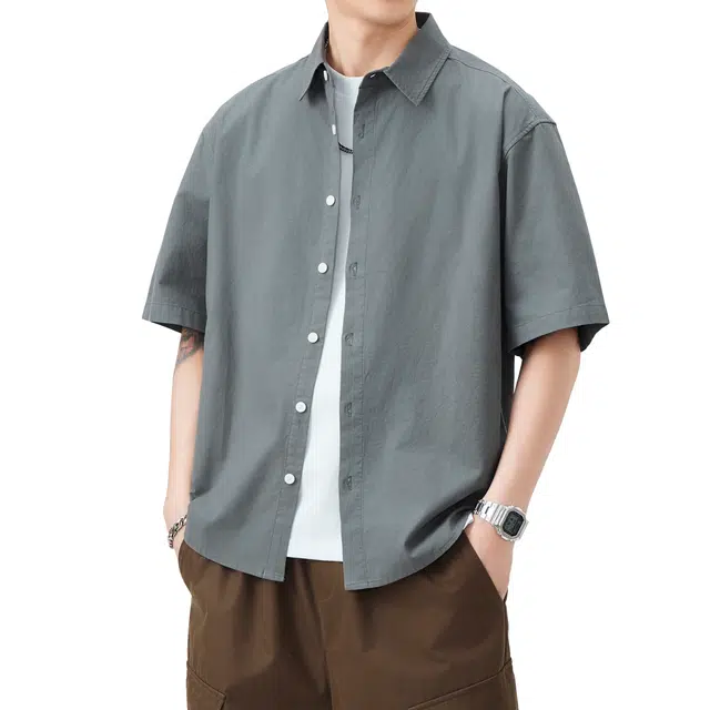 帝狼牛 极简风潮牌休闲纯色翻领纯棉透气吸汗宽松百搭短袖衬衫 男女同款