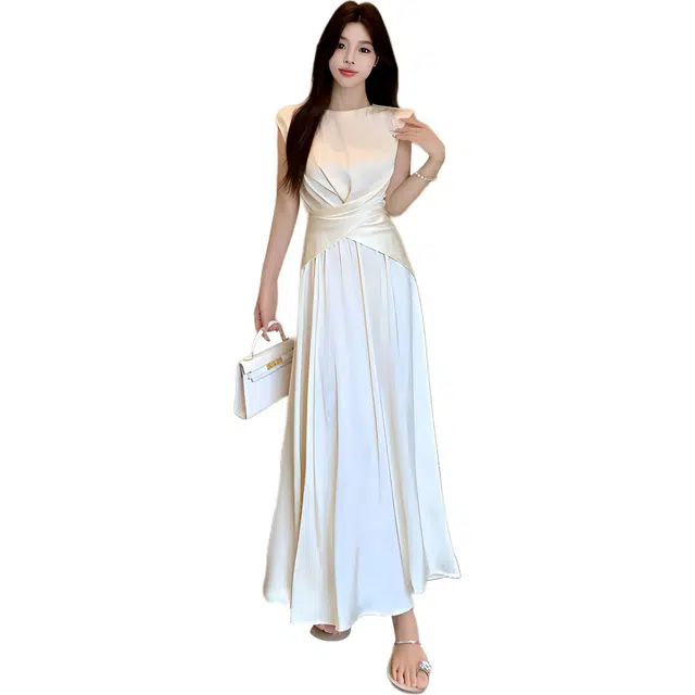 水中花 大码人鱼湾法式优雅气质无袖不规则系带缎面上衣大摆半裙两件套女裙装套装 女款