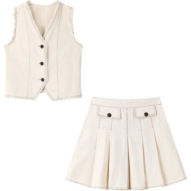 如续 时尚气质毛边高级感背心高腰百褶半身裙裙装套装 女款