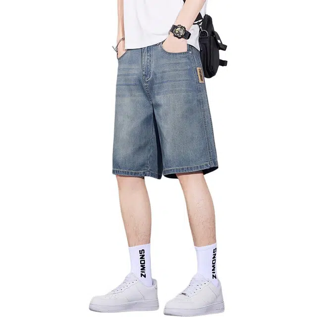 协协乐 天丝凉感透气薄款美式高街宽松潮牌直筒青少年通勤工装冰丝休闲牛仔短裤 男款