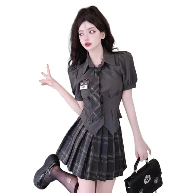 邓大喵 制服衬衫短袖夏季美式甜辣妹纯欲收腰学生衬衣两件套裙子女裙装套装 女款