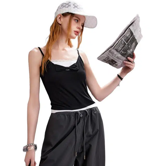 UNIFREE Lace Trim Tank Top Black