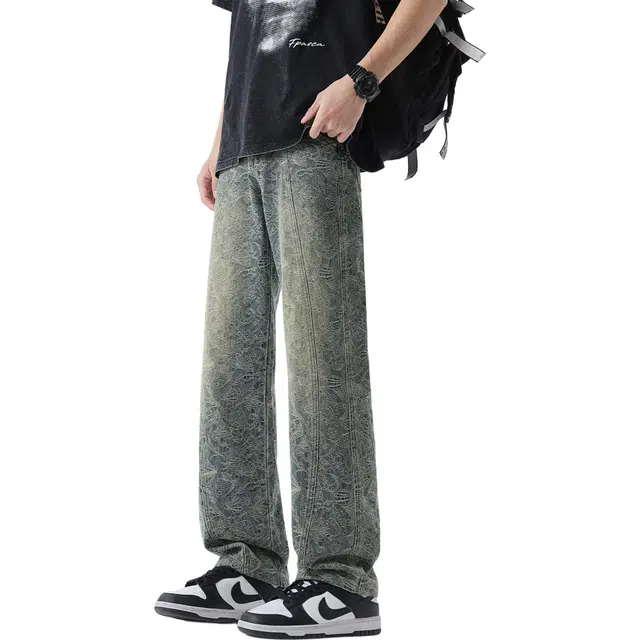 瑞梵帝斯 复古提花直筒潮流宽松牛仔裤 男款