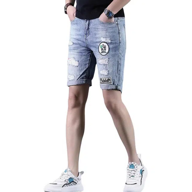 尘映 夏季薄款破洞五分马裤韩版潮弹力中裤子高端牛仔短裤 男女同款