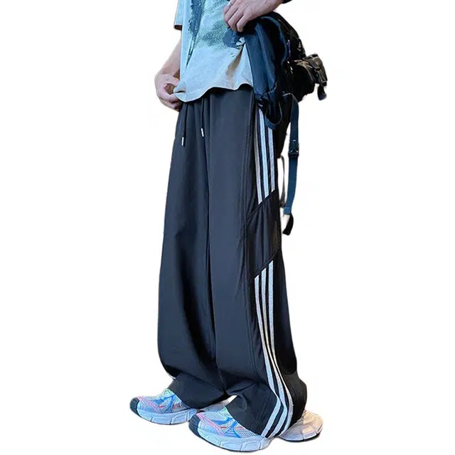 佐菲利 美式高街三条杠条纹直筒长裤潮牌痞帅薄款速干宽松百搭休闲裤 男女同款