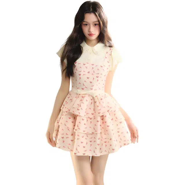 缪斯的诱惑 草莓奶酥法式波点拼接公主式两件衬衫蛋糕裙短袖连衣裙 女款