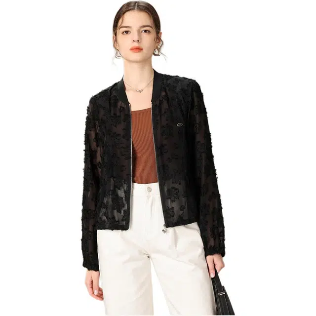 粉红玛琍 薄款棒球领拉链长袖夹克外套 女款 黑色