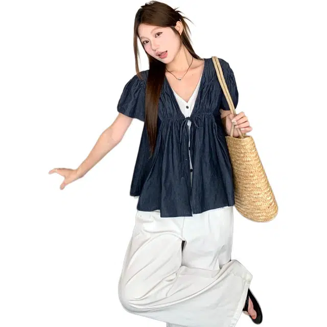 水中花 设计感重工系带条纹短袖拼接假两件衬衣衬衫 女款