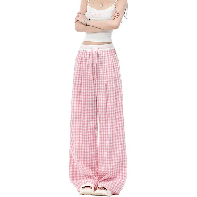 么宁 格子阔腿薄款高腰垂感宽松休闲裤 女款