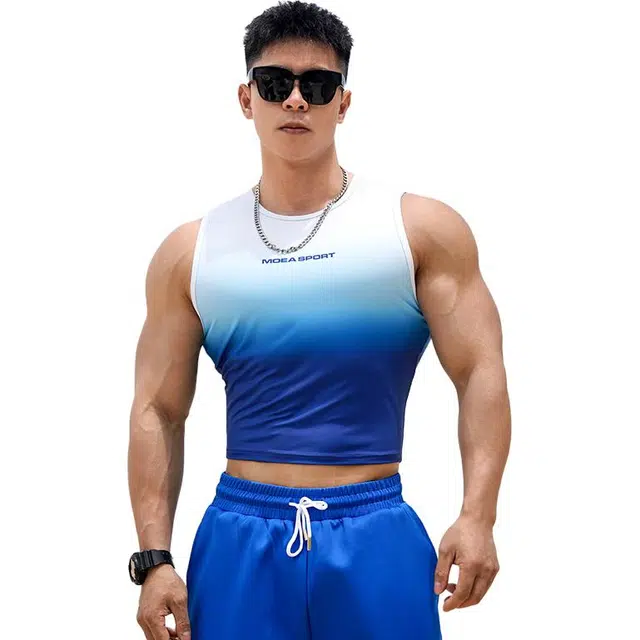 墨立方 短款冰丝高弹跑步健身运动青年情侣训练服上衣背心 男款