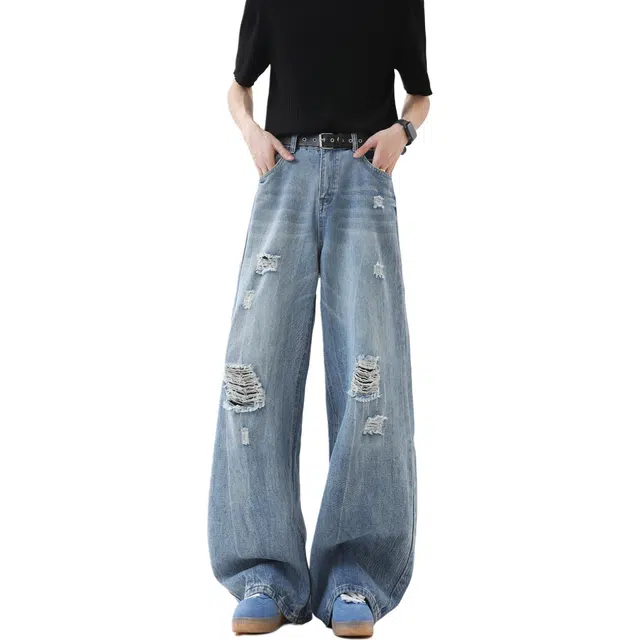 沃马 宽松休闲美式高街破洞弯刀水洗做旧纯色基础款牛仔裤 男女同款 蓝色