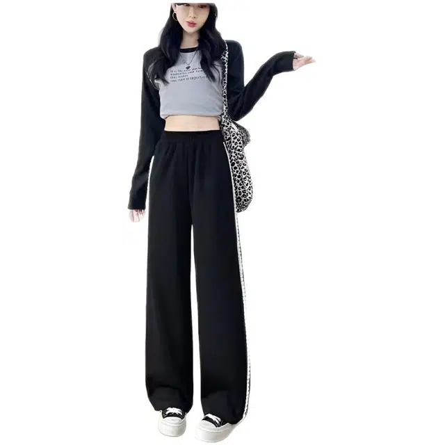 天才小熊 蕾丝拼接阔腿裤运动裤美式直筒卫裤拖地裤休闲裤 女款