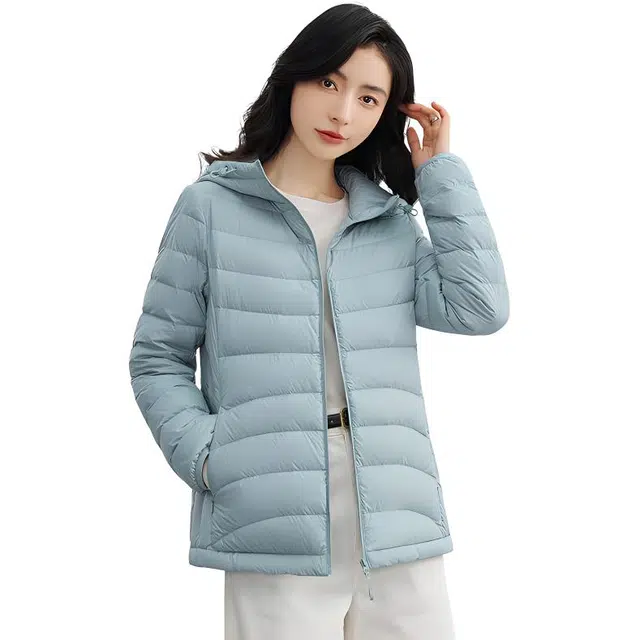 鸭鸭 薄款纯色百搭连帽长袖羽绒服 女款