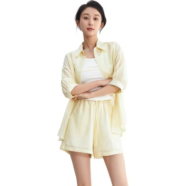 熙然 优雅七分袖翻领上衣纯色内搭简约短裤衬衫套装 女款