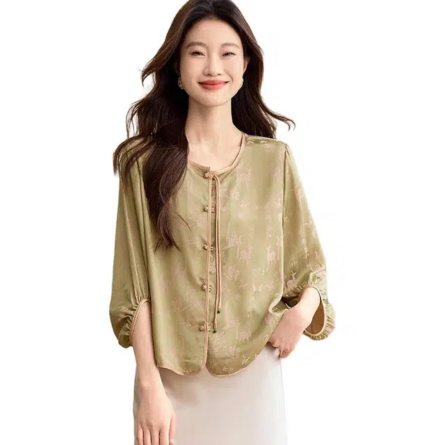 曲韩 气质高贵新中式印花灯笼袖九分袖圆领衬衫 女款