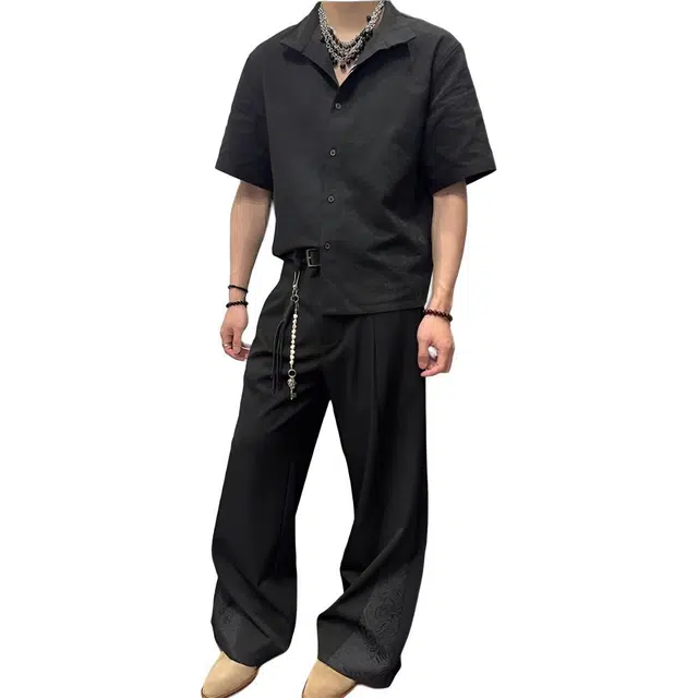 拓菲 暗纹雕花休闲男小众潮牌设计感长裤高街褶皱痞帅阔腿裤西装裤 男女同款