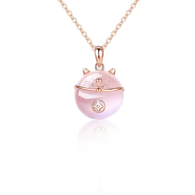眰恦 可爱招财猫 浪漫粉 招财 小众设计#好运天然 粉水晶 项链 女款