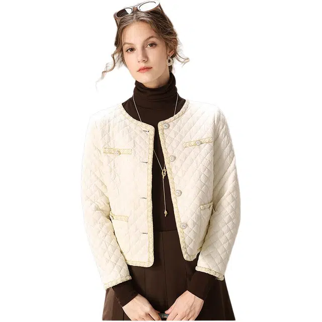 粉红玛琍 单排扣纯色小香风长袖棉服 女款 白色