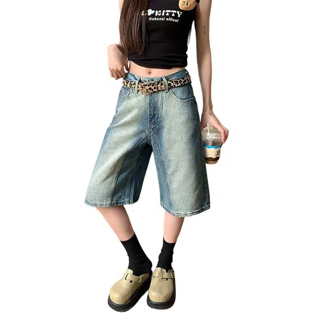 水中花 高街廓形渐变五分牛仔短裤 女款