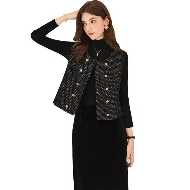 她池 双排扣小香风修身圆领短款无袖马甲 女款 黑色