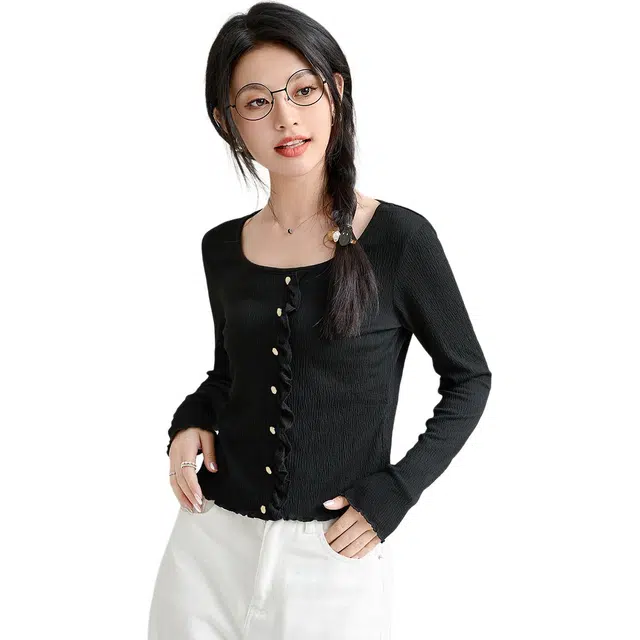 法文箱子 圆领舒适休闲针织衫 女款 黑色