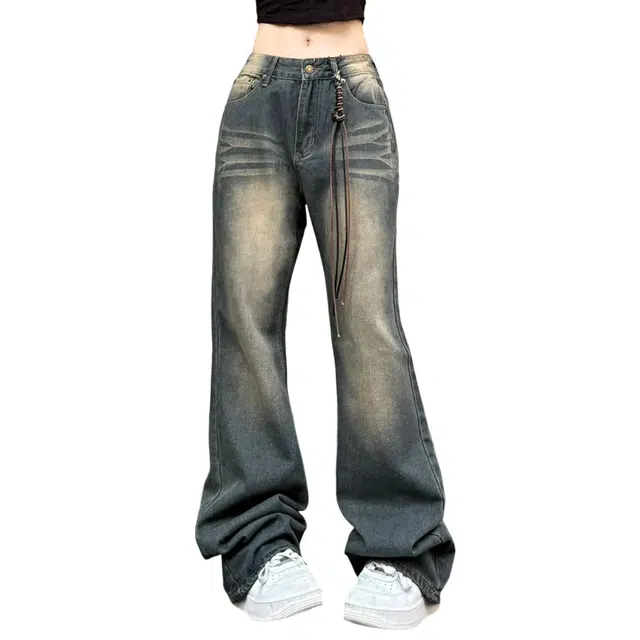 冈哉 猫须纹水洗做旧破洞设计美式复古废土风痞帅渐变色宽松直筒休闲通勤百搭牛仔裤 男女同款