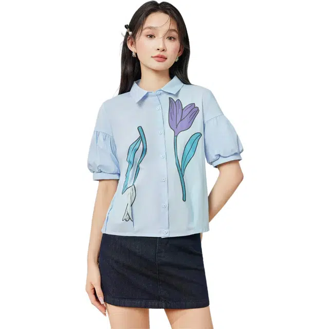 爱依服 文艺设计感纯色短袖翻领通勤衬衫 女款