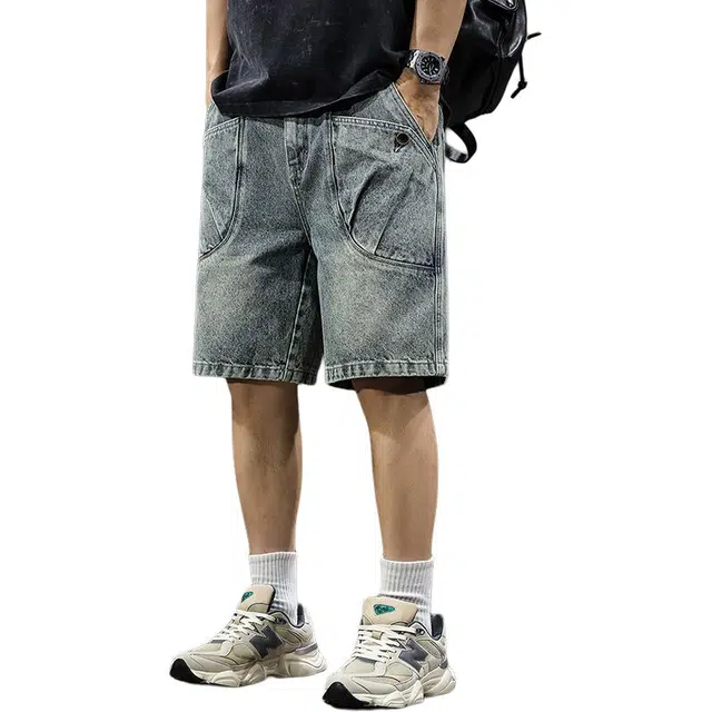 前进牛 日系高街复古前进牛潮牌型男大口袋设计城市机能休闲牛仔潮牌宽松直筒大码五分裤工装短裤 男女同款