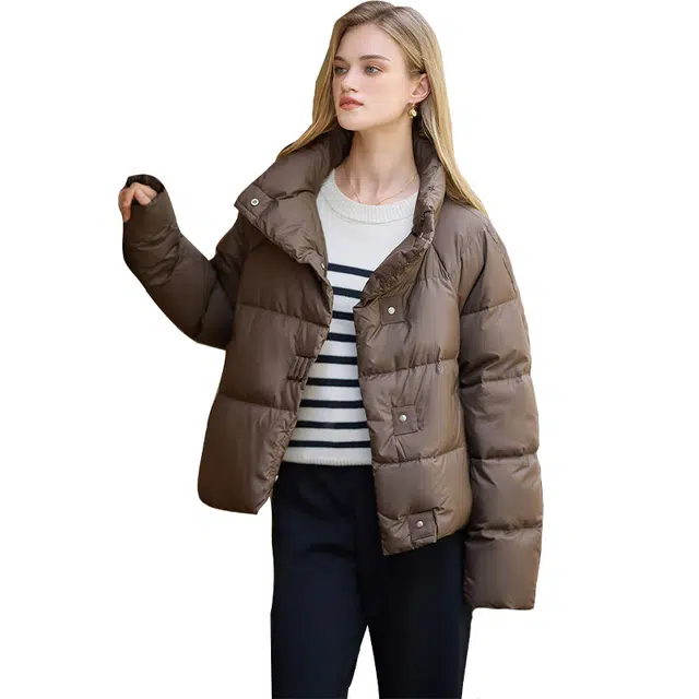 她池  立领法式短款设计感宽松  含羽绒外套  女款  深咖色