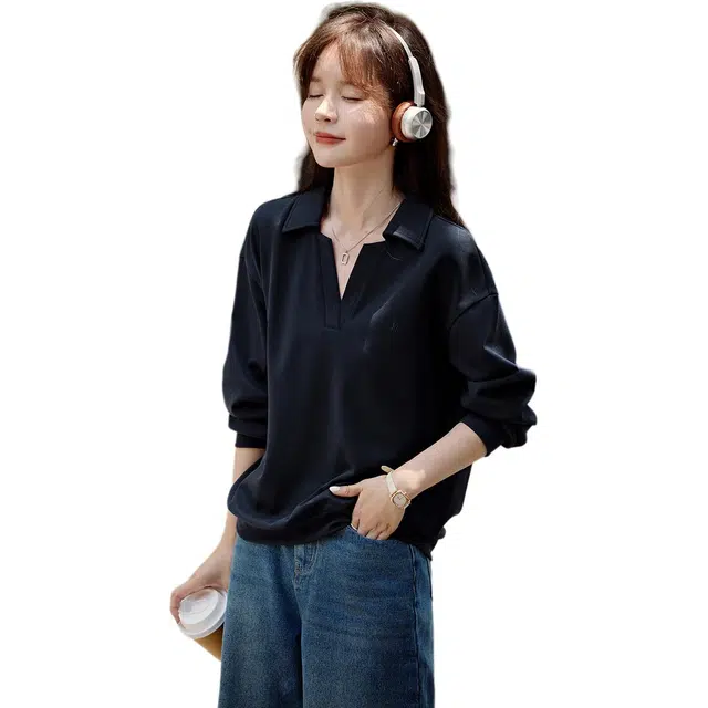 沫晗依美 翻领纯色百搭长袖卫衣 女款 藏青色