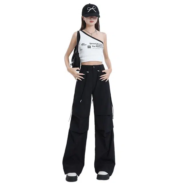 么宁 夏季快速干长裤松紧抽绳高腰阔脚小个子高个子工装裤 女款