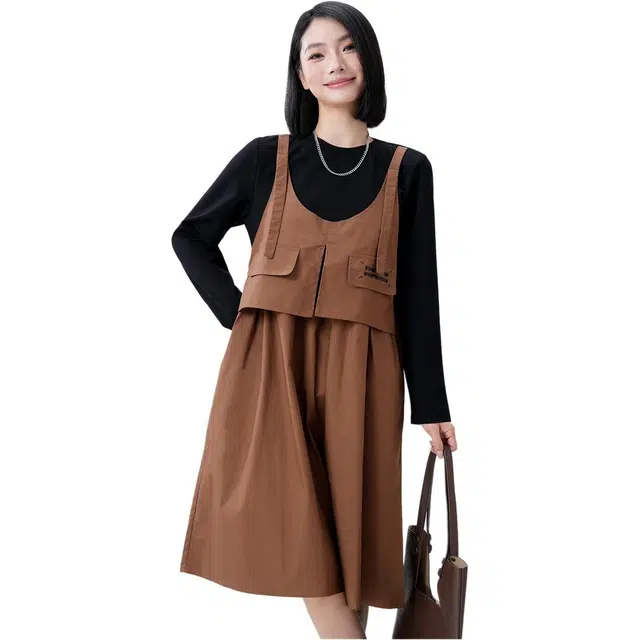 木果果木 设计感拼接假两件工装风通勤长袖连衣裙 女款 黑色