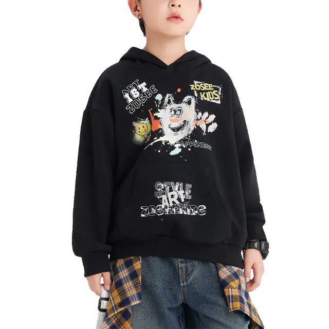 左西卫衣 布丁系列 连帽套头长袖 黑色 中小童