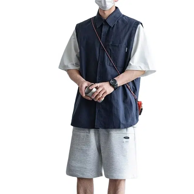 一碗士多 日系复古潮牌假两件韩版百搭宽松休闲工装衬衣薄短袖衬衫 男女同款