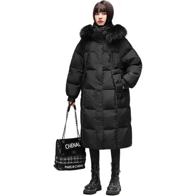 鸭鸭 纯色毛领厚款保暖长款扩版羽绒服 女款 大被子款