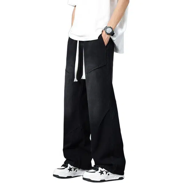 隐狼世家 薄款美式解构设计宽松直筒阔腿百搭牛仔裤 男款