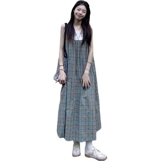一碗士多 法式复古格子女夏季海边度假显瘦长裙两件套装吊带连衣裙 女款